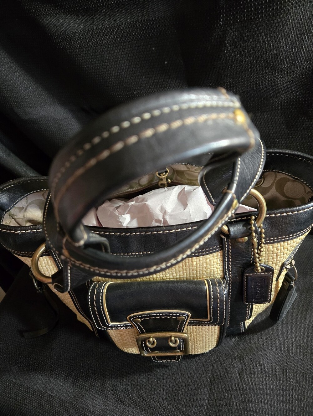Coach Legacy Vintage Woven Straw And Black Leather Tote EUC - Picture 6 of 10
